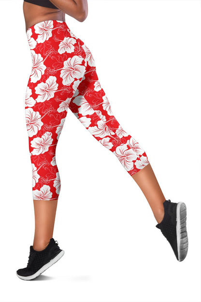Flower Hawaiian Hibiscus Red Background Print Women Capris