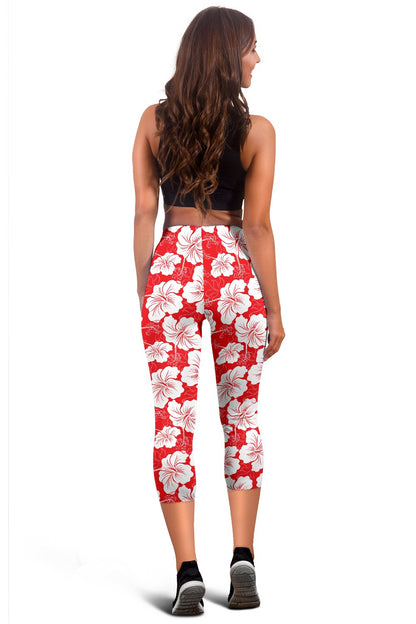 Flower Hawaiian Hibiscus Red Background Print Women Capris