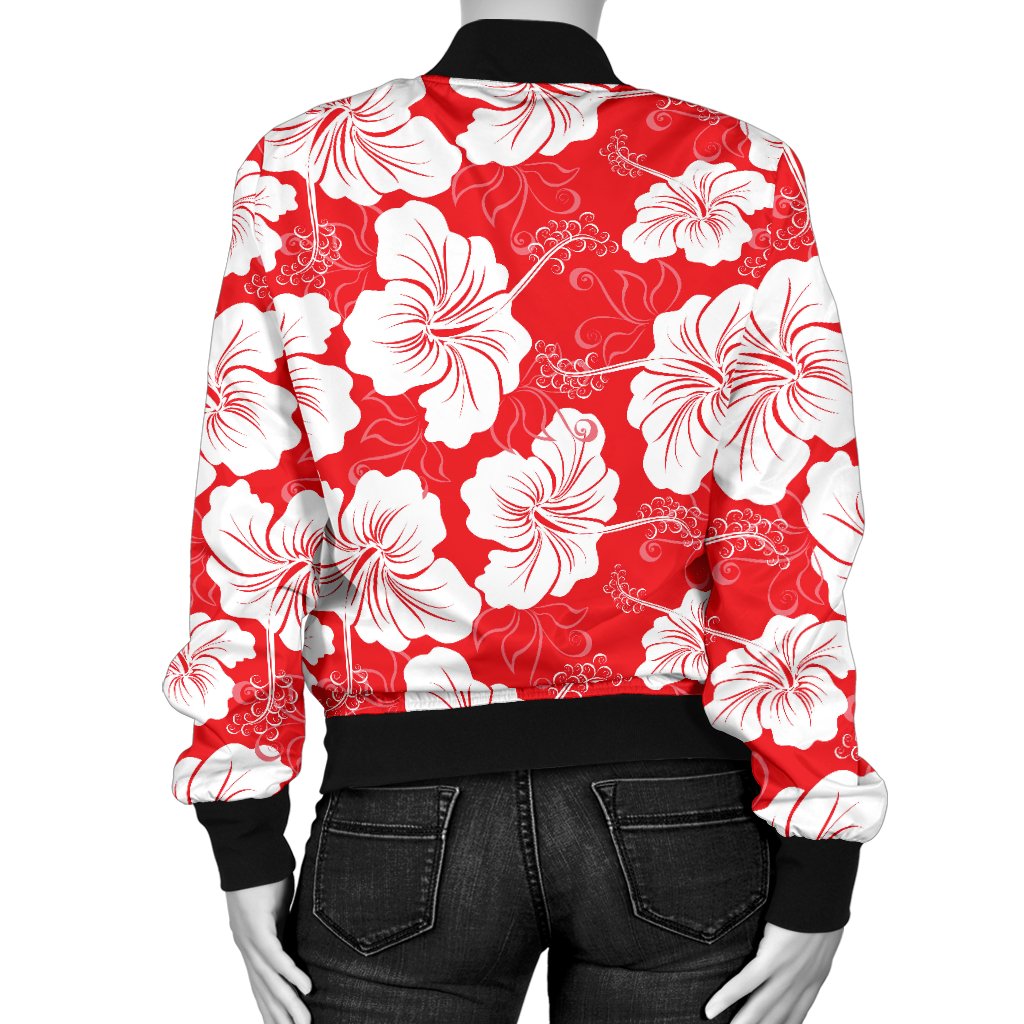 Flower Hawaiian Hibiscus Red Background Print Women Casual Bomber Jacket
