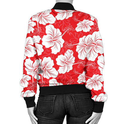 Flower Hawaiian Hibiscus Red Background Print Women Casual Bomber Jacket