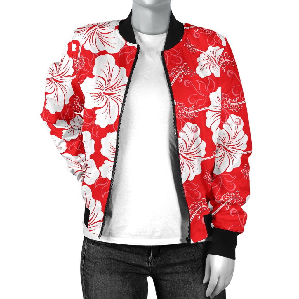 Flower Hawaiian Hibiscus Red Background Print Women Casual Bomber Jacket