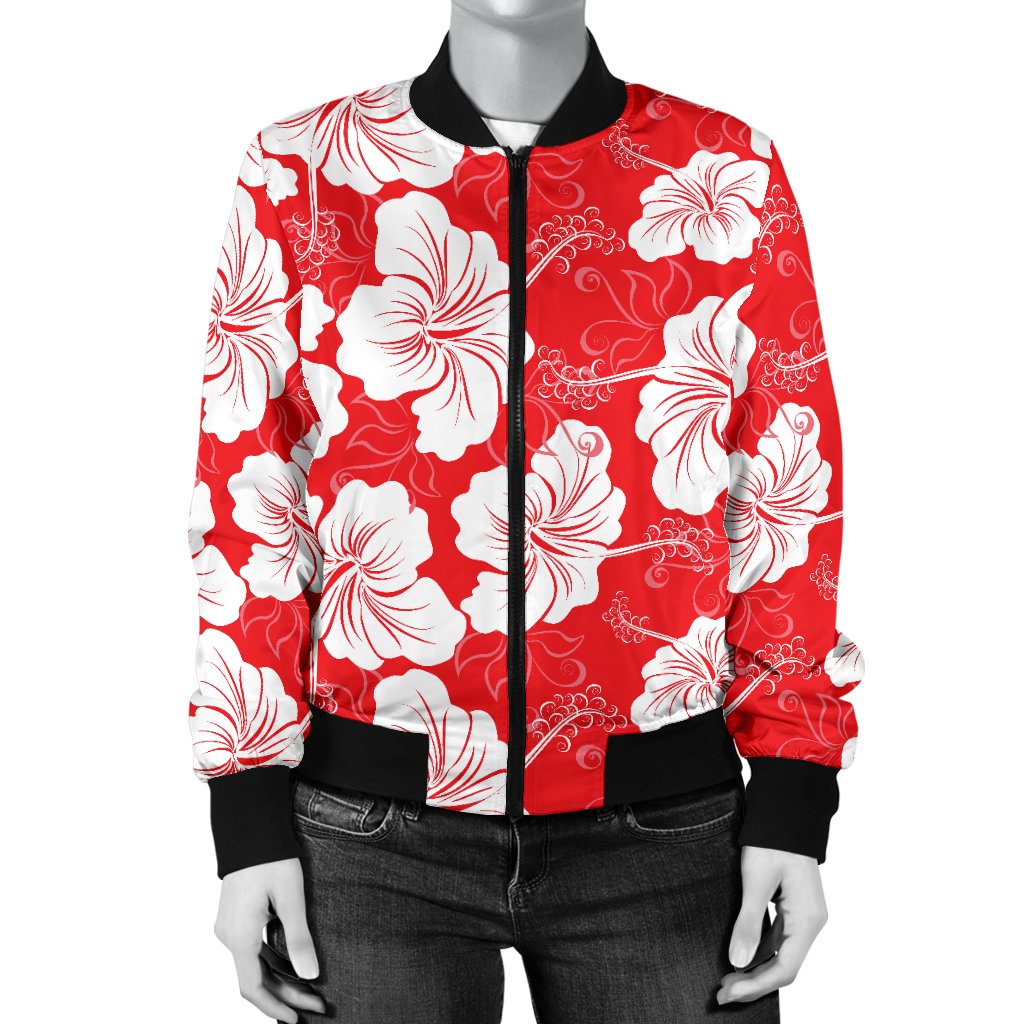 Flower Hawaiian Hibiscus Red Background Print Women Casual Bomber Jacket