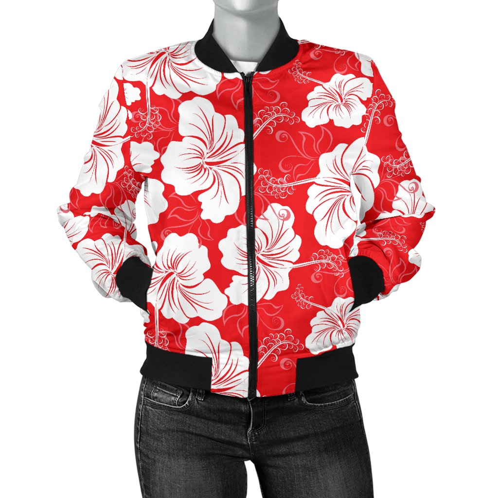Flower Hawaiian Hibiscus Red Background Print Women Casual Bomber Jacket
