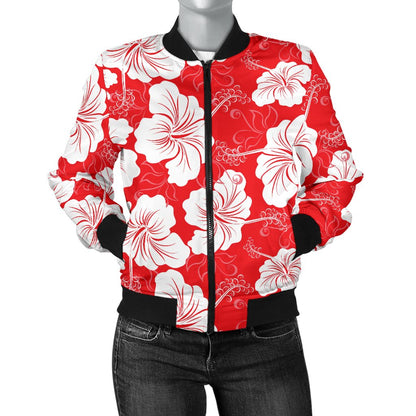 Flower Hawaiian Hibiscus Red Background Print Women Casual Bomber Jacket