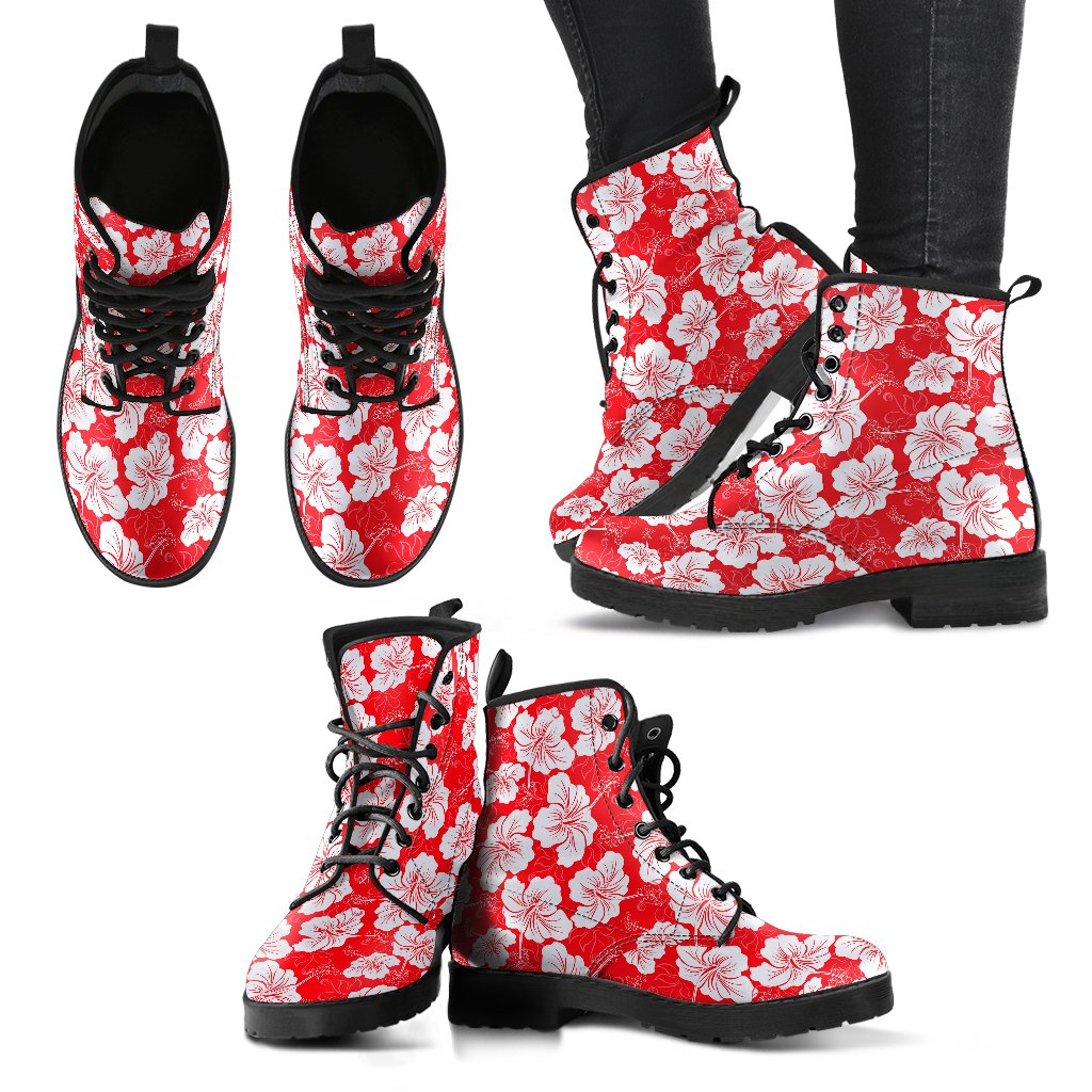 Flower Hawaiian Hibiscus Red Background Print Women Leather Boots-JTAMIGO.COM