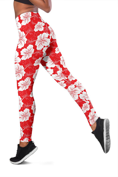 Flower Hawaiian Hibiscus Red Background Print Women Leggings