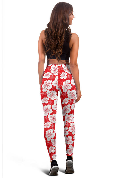 Flower Hawaiian Hibiscus Red Background Print Women Leggings