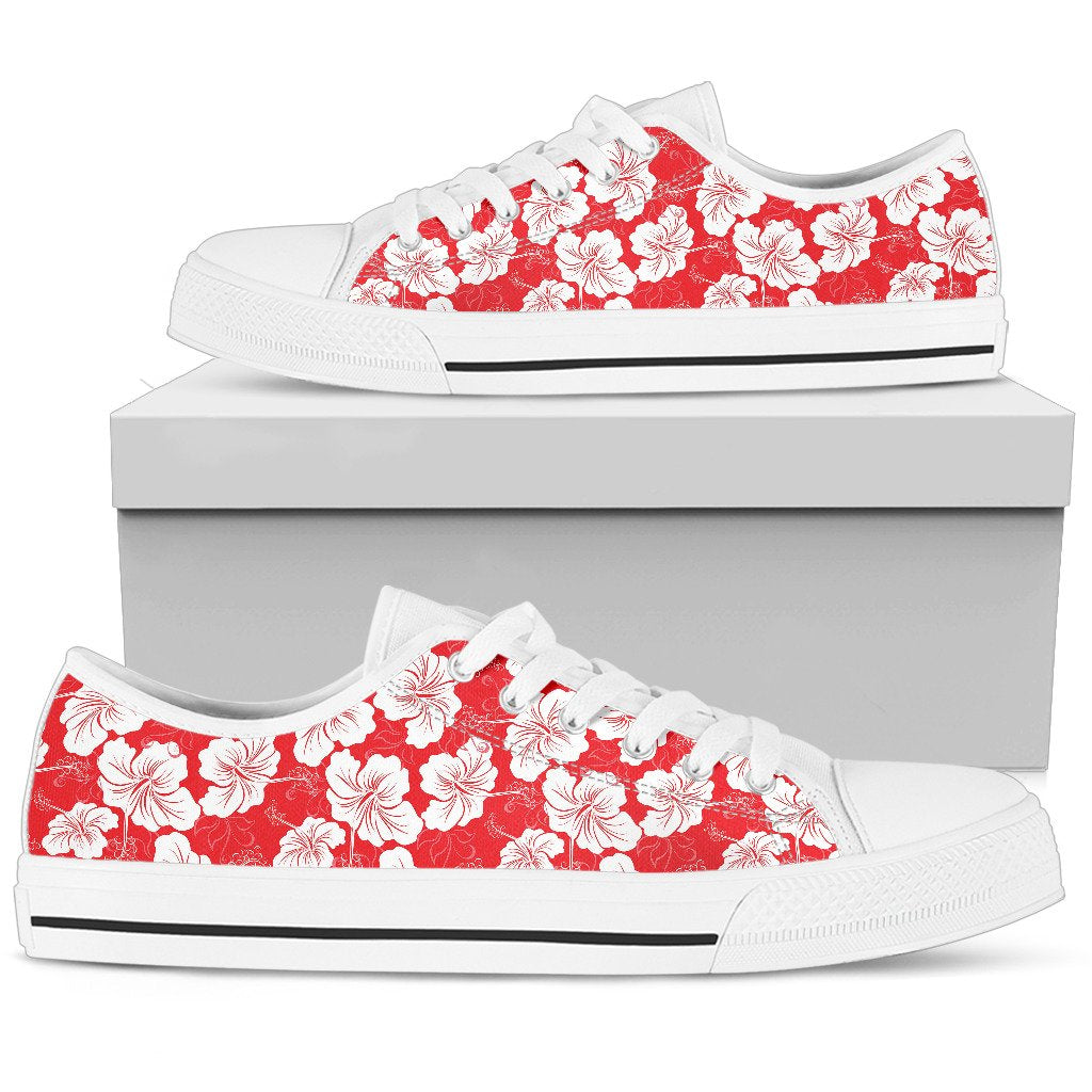 Flower Hawaiian Hibiscus Red Background Print Women Low Top Shoes