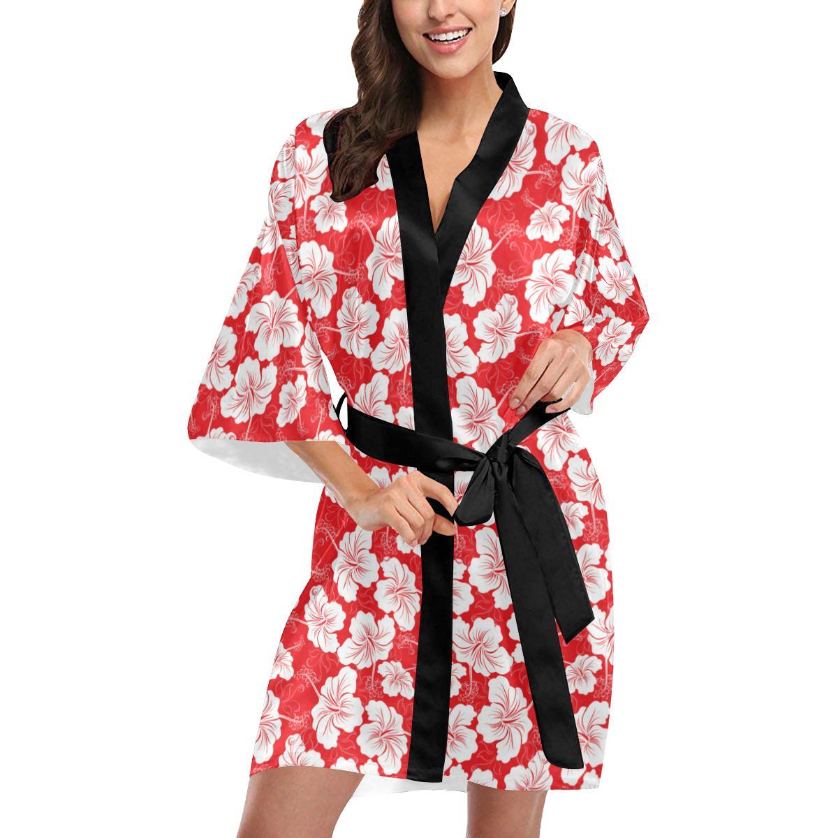 Flower Hawaiian Hibiscus Red Background Print Women Short Kimono Robe