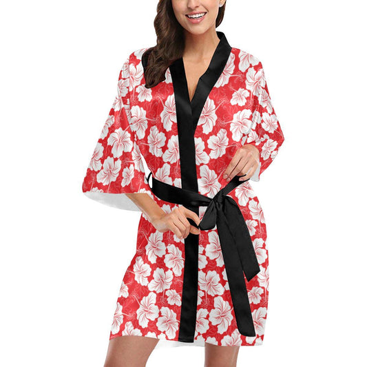Flower Hawaiian Hibiscus Red Background Print Women Short Kimono Robe