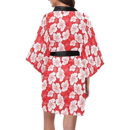 Flower Hawaiian Hibiscus Red Background Print Women Short Kimono Robe