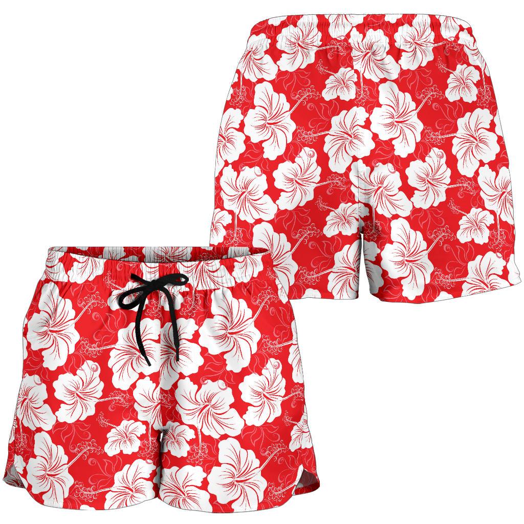 Flower Hawaiian Hibiscus Red Background Print Women Shorts-JTAMIGO.COM