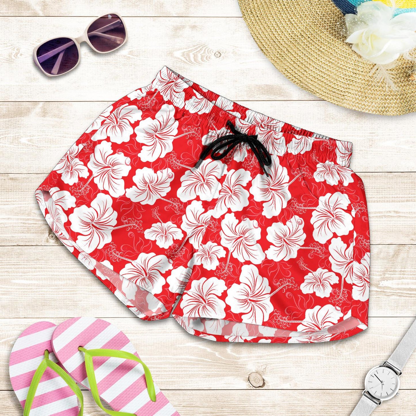 Flower Hawaiian Hibiscus Red Background Print Women Shorts-JTAMIGO.COM