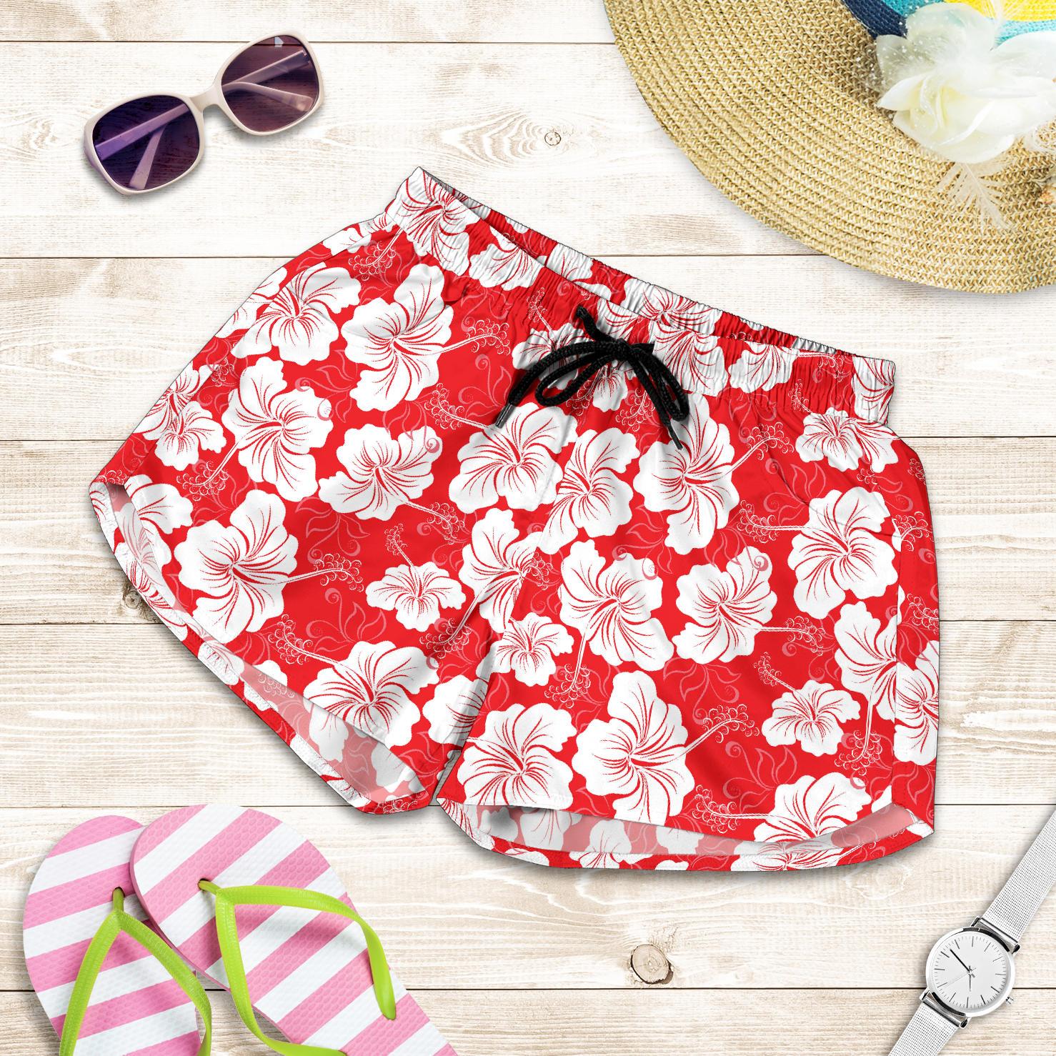 Flower Hawaiian Hibiscus Red Background Print Women Shorts-JTAMIGO.COM