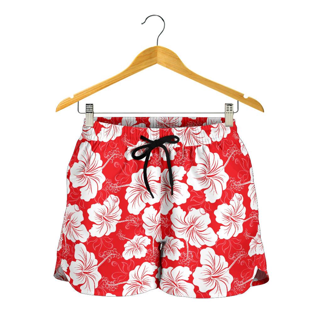 Flower Hawaiian Hibiscus Red Background Print Women Shorts-JTAMIGO.COM