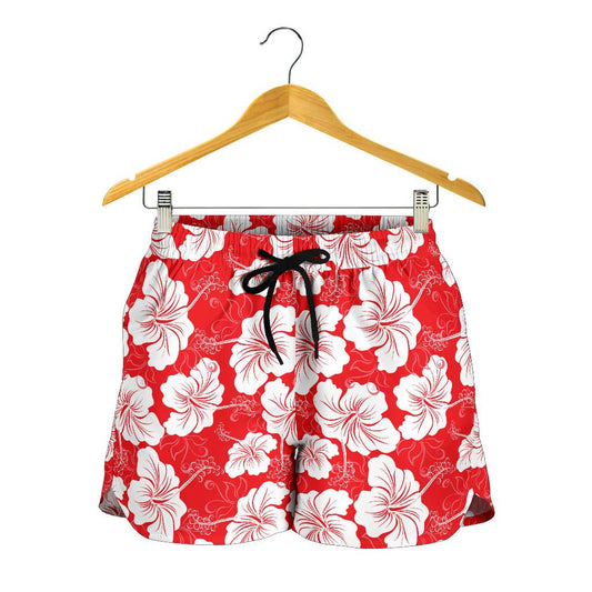 Flower Hawaiian Hibiscus Red Background Print Women Shorts-JTAMIGO.COM