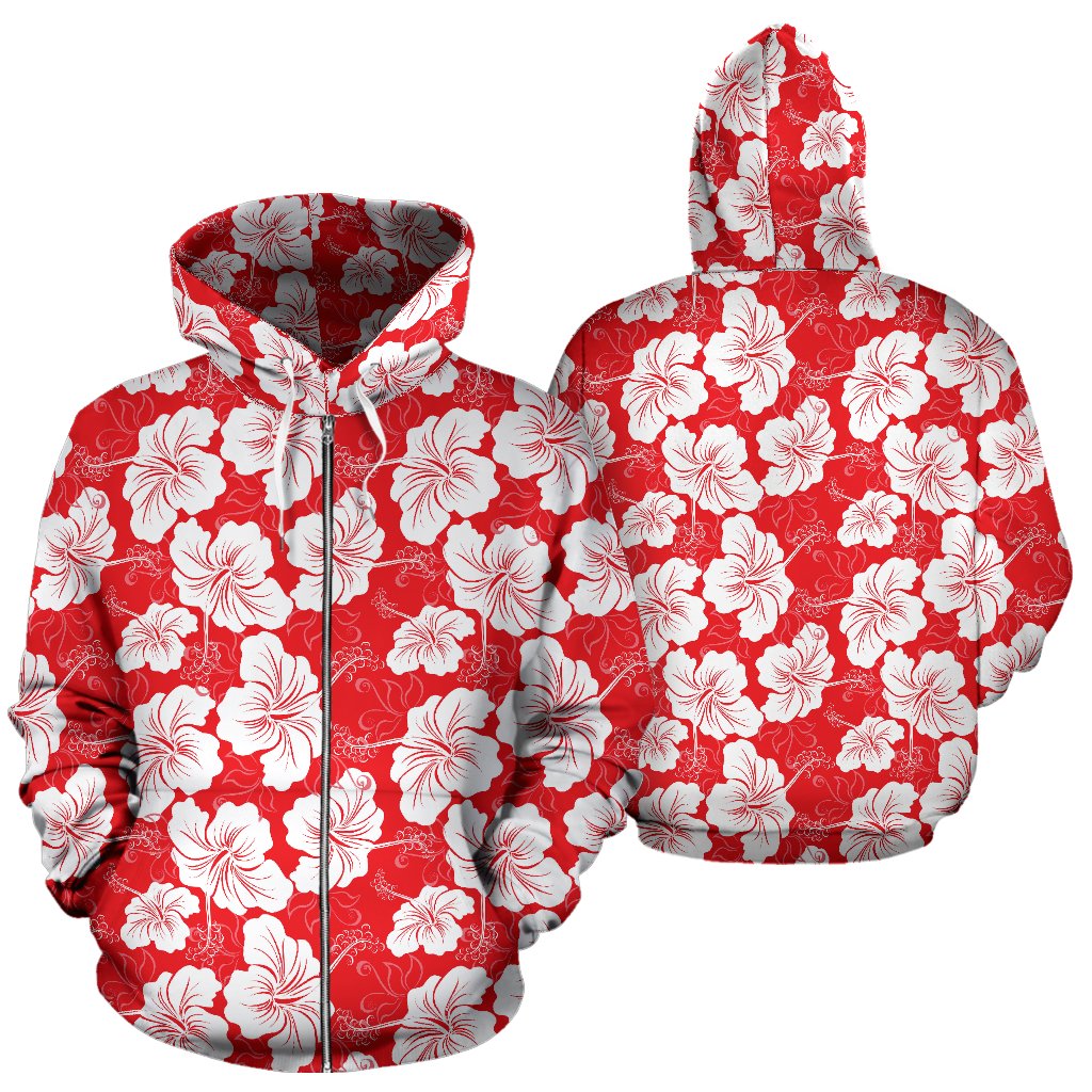 Flower Hawaiian Hibiscus Red Background Print Zip Up Hoodie
