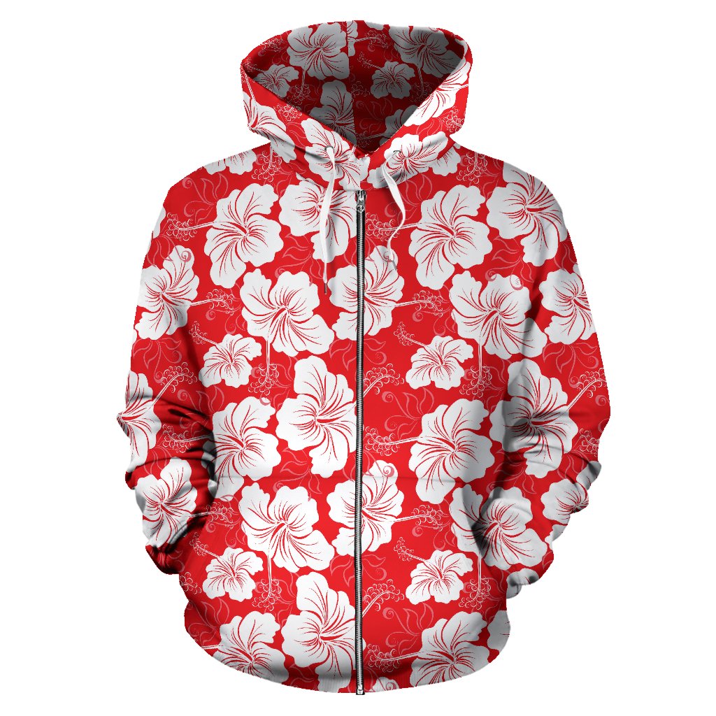 Flower Hawaiian Hibiscus Red Background Print Zip Up Hoodie