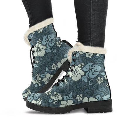 Flower Hawaiian Hibiscus Style Print Pattern Faux Fur Leather Boots-JTAMIGO.COM