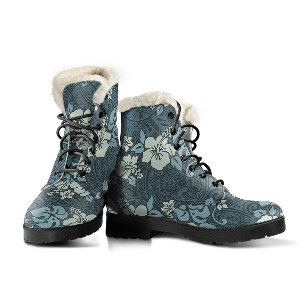 Flower Hawaiian Hibiscus Style Print Pattern Faux Fur Leather Boots-JTAMIGO.COM