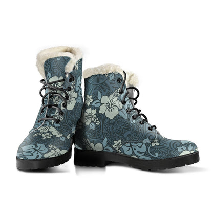 Flower Hawaiian Hibiscus Style Print Pattern Faux Fur Leather Boots-JTAMIGO.COM