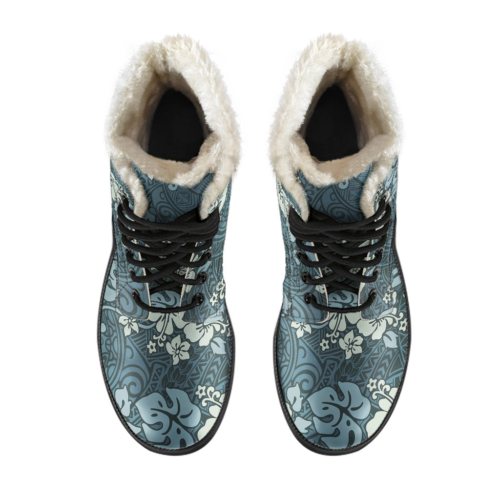 Flower Hawaiian Hibiscus Style Print Pattern Faux Fur Leather Boots-JTAMIGO.COM