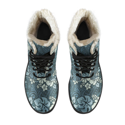 Flower Hawaiian Hibiscus Style Print Pattern Faux Fur Leather Boots-JTAMIGO.COM