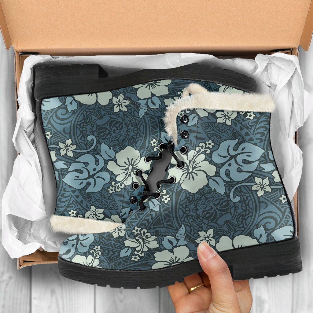 Flower Hawaiian Hibiscus Style Print Pattern Faux Fur Leather Boots-JTAMIGO.COM