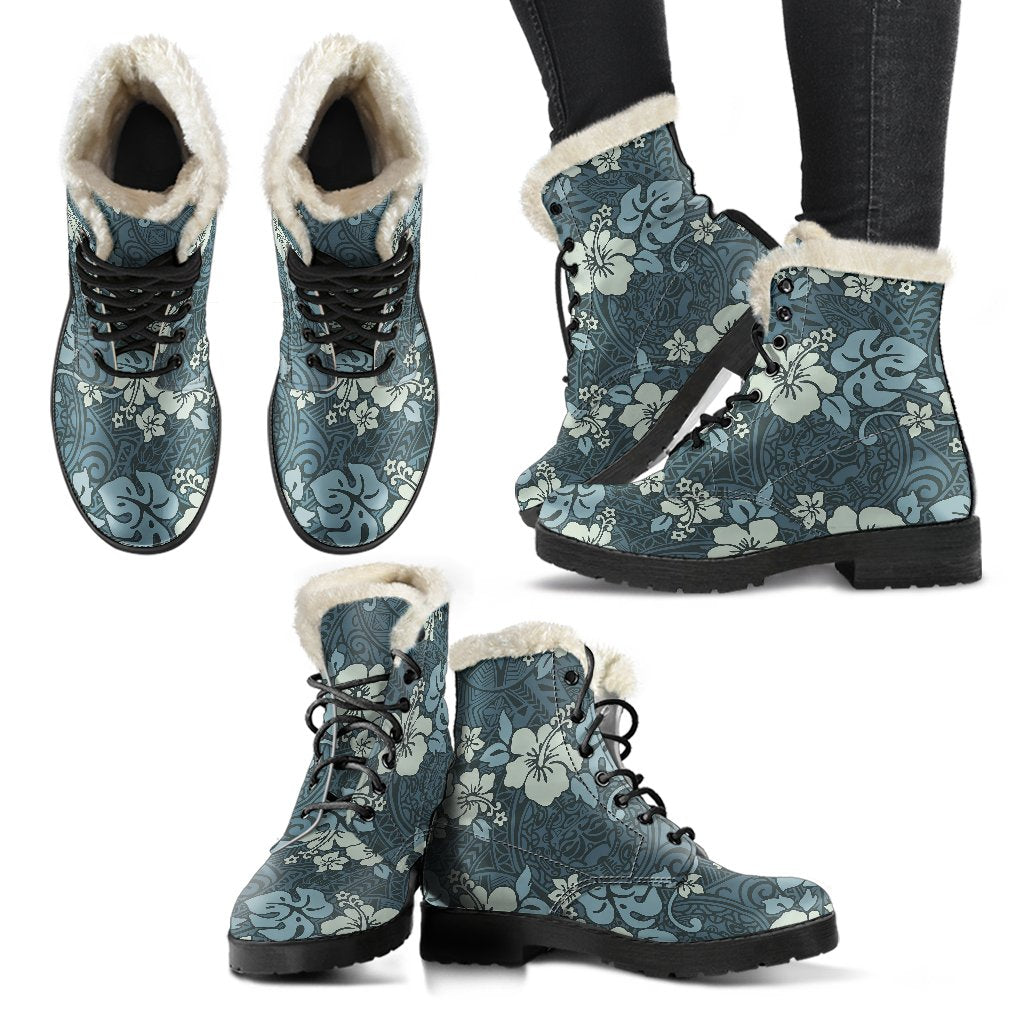 Flower Hawaiian Hibiscus Style Print Pattern Faux Fur Leather Boots-JTAMIGO.COM