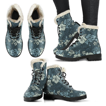 Flower Hawaiian Hibiscus Style Print Pattern Faux Fur Leather Boots-JTAMIGO.COM