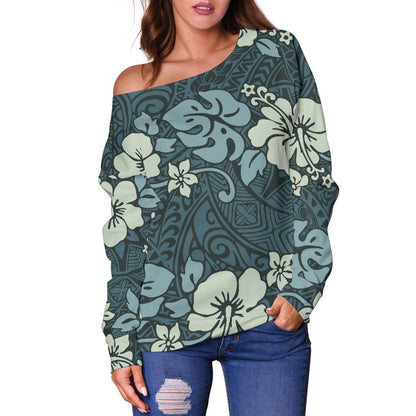 Flower Hawaiian Hibiscus Style Print Pattern Off Shoulder Sweatshirt