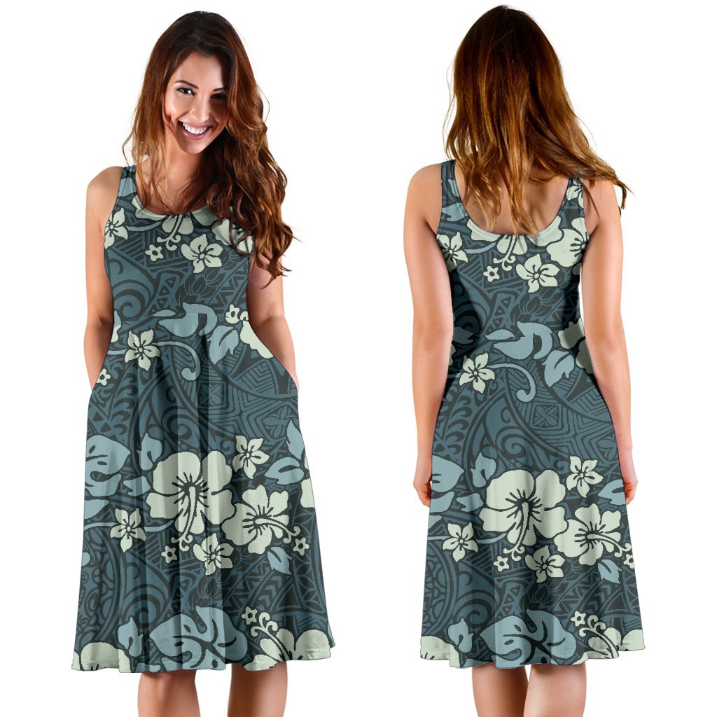 Flower Hawaiian Hibiscus Style Print Pattern Sleeveless Dress