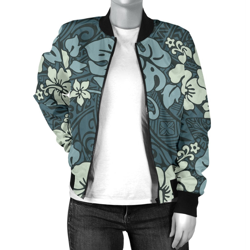 Flower Hawaiian Hibiscus Style Print Pattern Women Casual Bomber Jacket