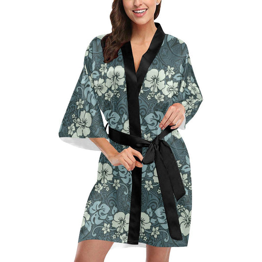 Flower Hawaiian Hibiscus Style Print Pattern Women Short Kimono Robe