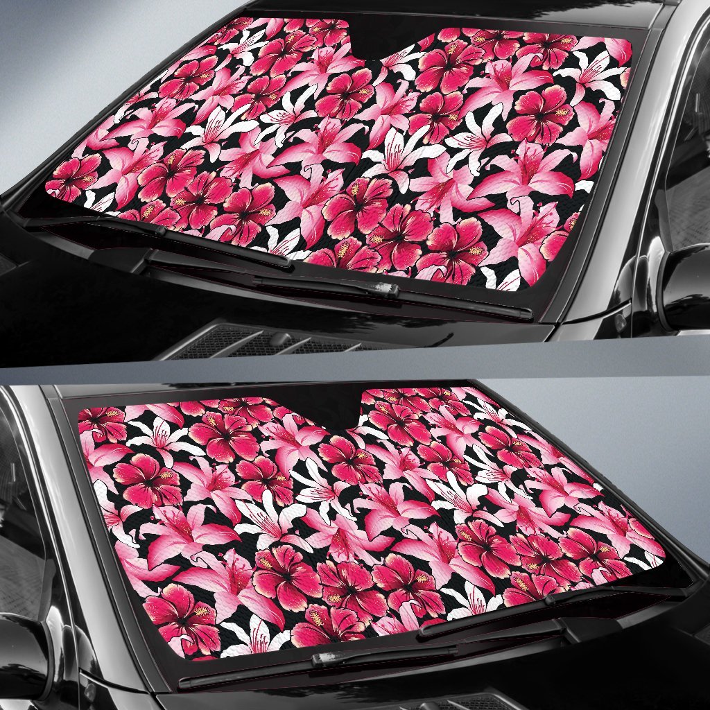Flower Hawaiian Pink Red Hibiscus Print Car Sun Shade For Windshield