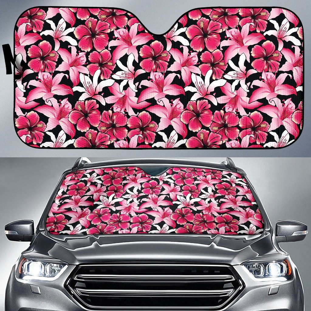 Flower Hawaiian Pink Red Hibiscus Print Car Sun Shade For Windshield