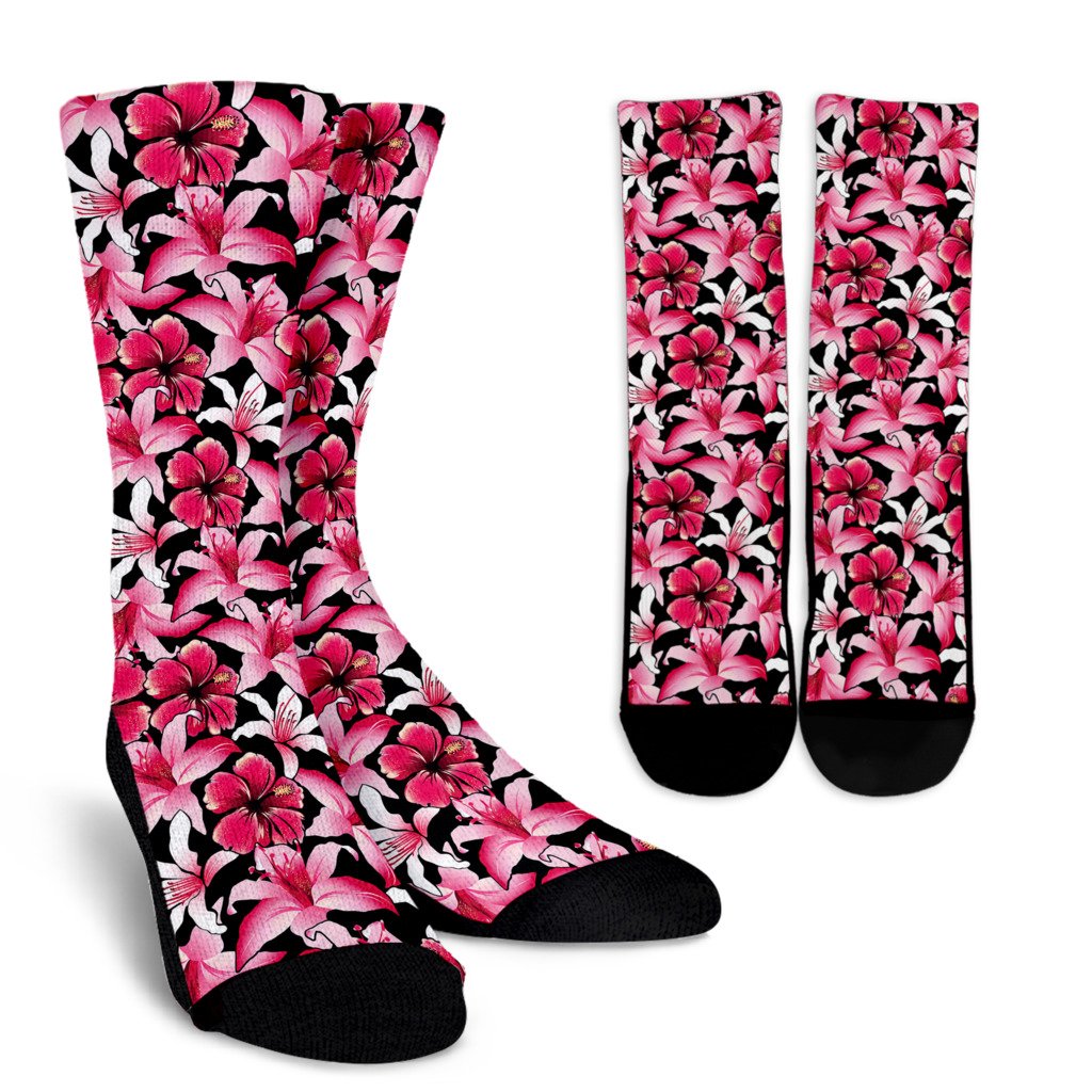Flower Hawaiian Pink Red Hibiscus Print Crew Socks