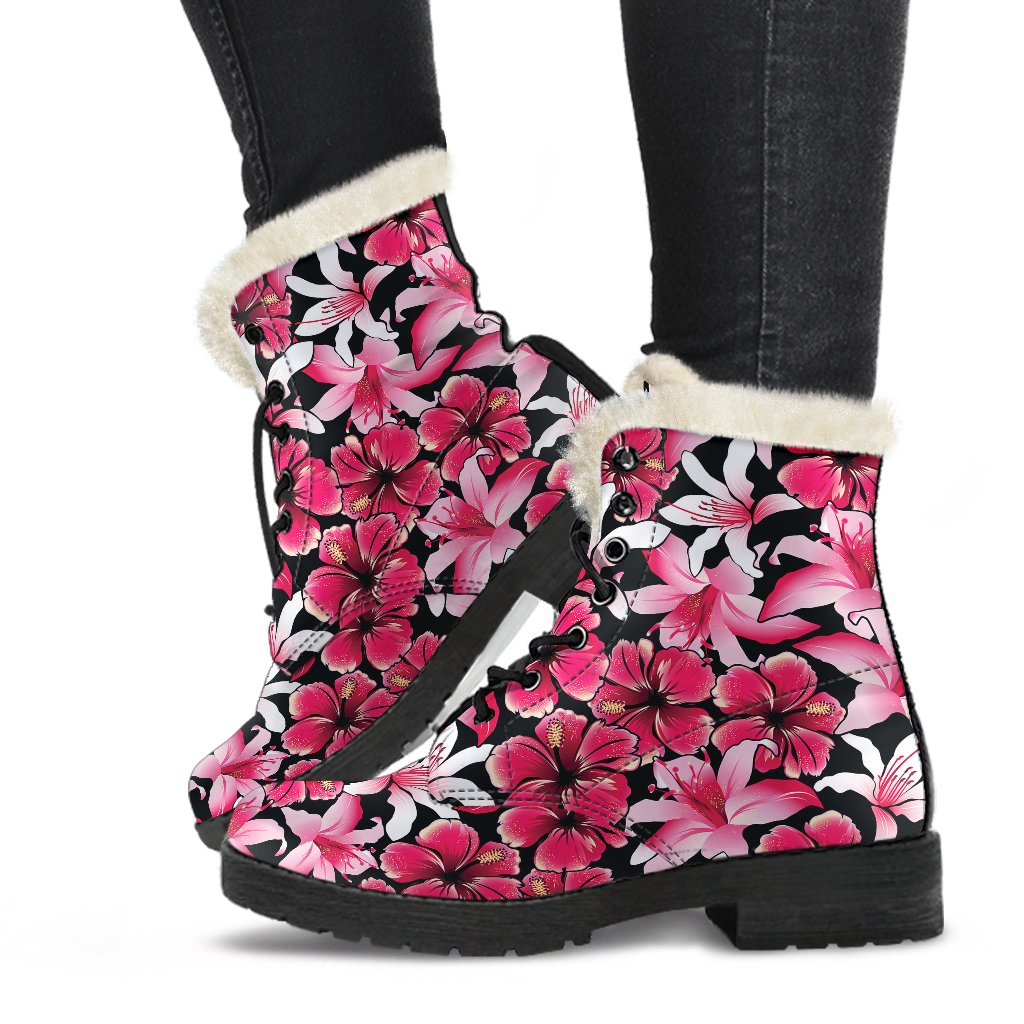 Flower Hawaiian Pink Red Hibiscus Print Faux Fur Leather Boots-JTAMIGO.COM
