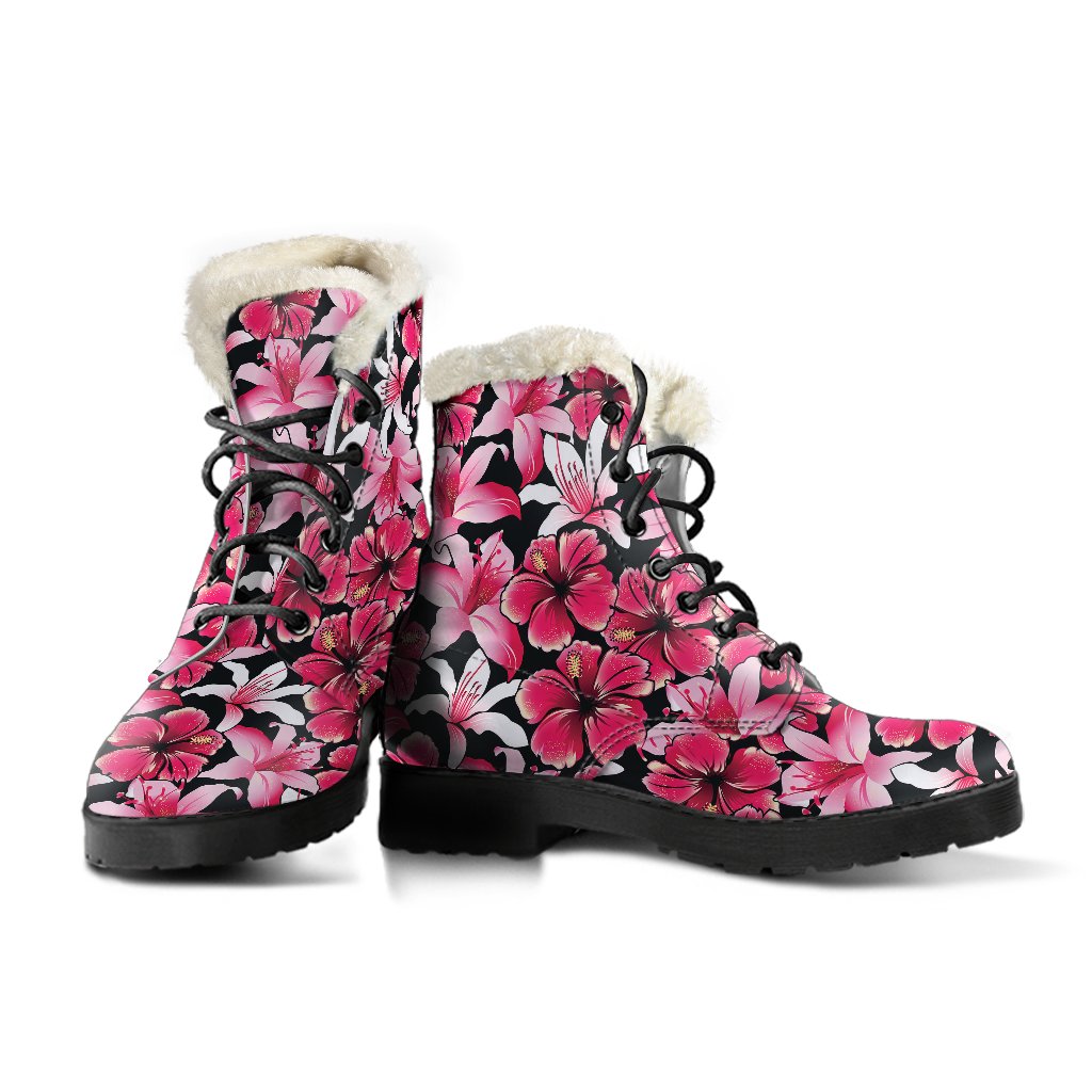 Flower Hawaiian Pink Red Hibiscus Print Faux Fur Leather Boots-JTAMIGO.COM
