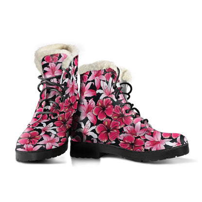 Flower Hawaiian Pink Red Hibiscus Print Faux Fur Leather Boots-JTAMIGO.COM