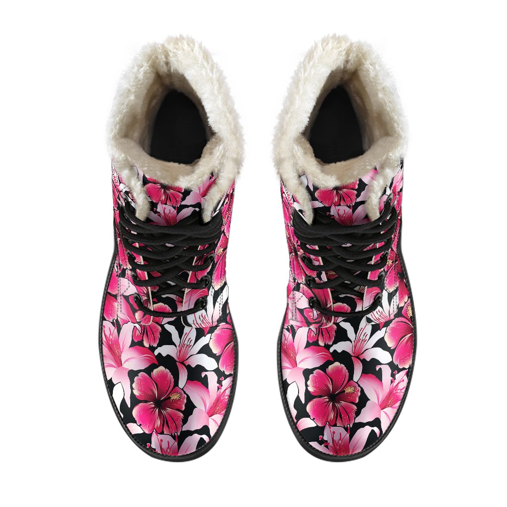 Flower Hawaiian Pink Red Hibiscus Print Faux Fur Leather Boots-JTAMIGO.COM