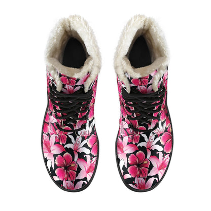 Flower Hawaiian Pink Red Hibiscus Print Faux Fur Leather Boots-JTAMIGO.COM