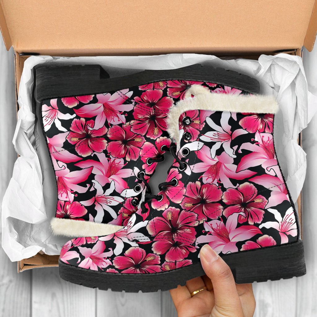 Flower Hawaiian Pink Red Hibiscus Print Faux Fur Leather Boots-JTAMIGO.COM