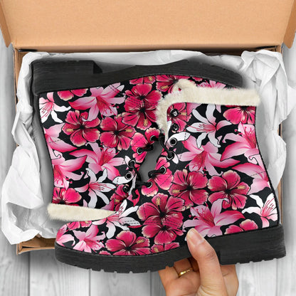 Flower Hawaiian Pink Red Hibiscus Print Faux Fur Leather Boots-JTAMIGO.COM