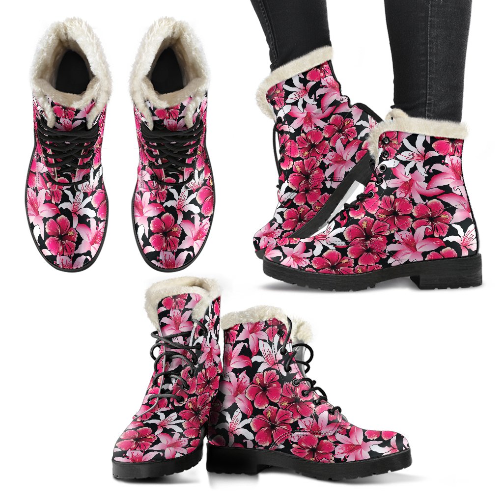 Flower Hawaiian Pink Red Hibiscus Print Faux Fur Leather Boots-JTAMIGO.COM