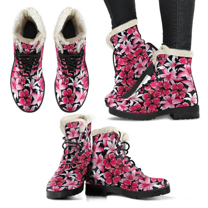 Flower Hawaiian Pink Red Hibiscus Print Faux Fur Leather Boots-JTAMIGO.COM