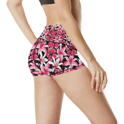 Flower Hawaiian Pink Red Hibiscus Print High Waisted Spandex Shorts-JTAMIGO.COM