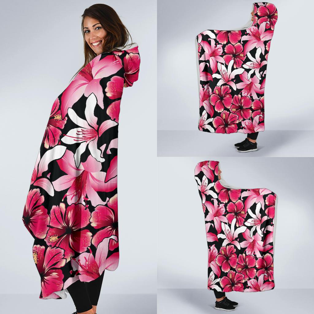 Flower Hawaiian Pink Red Hibiscus Print Hooded Blanket-JTAMIGO.COM