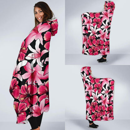 Flower Hawaiian Pink Red Hibiscus Print Hooded Blanket-JTAMIGO.COM