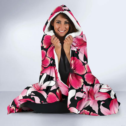 Flower Hawaiian Pink Red Hibiscus Print Hooded Blanket-JTAMIGO.COM